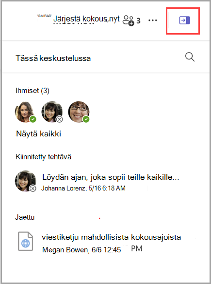 Näyttökuva keskustelutietoruudun paljastamisesta, joka sisältää luettelon 3 henkilöstä, 1 kiinnitetystä viestistä ja 1 jaetusta asiakirjasta.