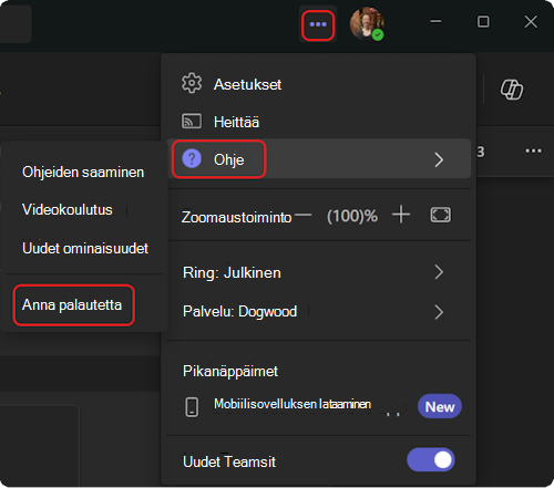Ohjevalikkoon siirtyminen Teamsissa.