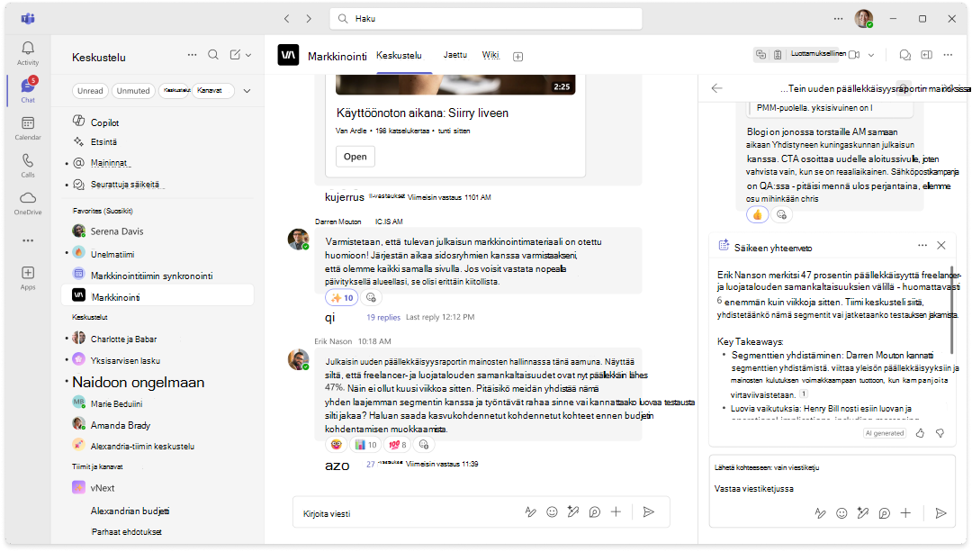 Näyttökuva Copilot-yhteenvedosta kanavan keskustelussa