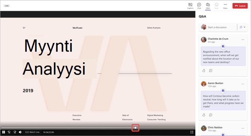 Näyttökuva, jossa näkyy korostettuna Tilanneilmaisin Microsoft Teamsin kaupungintalon tapahtumaikkunassa.