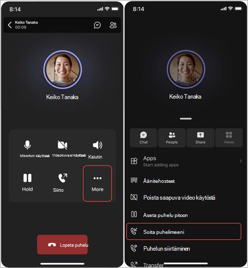 Näyttökuva, jossa on ohjeet puhelun siirtämiseen Teams Phone Mobilesta matkapuhelimeen