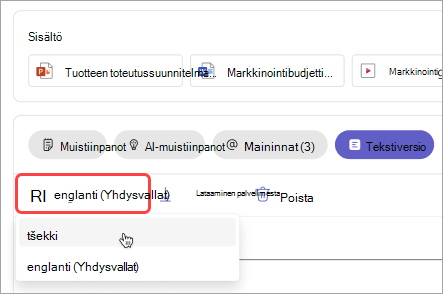 Näyttökuva, joka näyttää, miten voit vaihtaa transkription kielen kokouksen kertauksessa.