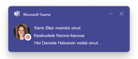 Näyttökuva, jossa näkyy viestin esikatselu Teamsin mainintailmoituksessa.