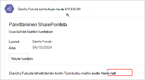 Näyttökuva, jossa näkyy olemassa olevan työnkulun mallin kopion hakeminen