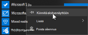 Pikavalikko Microsoft To Don avaamiselle ja Kiinnitä aloitusnäytölle valitut