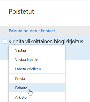 Näyttökuva palauta poistetut kohteet -valikosta