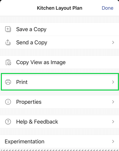 Visio Viewer for iOS:n tulostusasetukset.