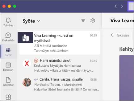 Suositeltu oppiminen näkyy Teamsin toimintasyötteessä