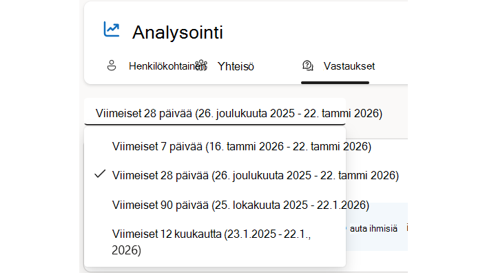 Vastaukset-ominaisuus mahdollistaa suodattamisen päivämäärävälien mukaan, mukaan lukien mukautetut alueet, jos lisensointi sitä tukee.