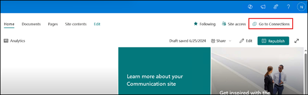 Screenshot of the Go to Connections button highlighted on a SharePoint home site.