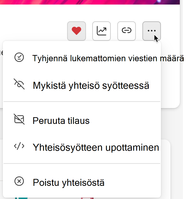 Näyttökuvassa näkyy mykistysvaihtoehto yhteisösivun kolmen pisteen valikossa.