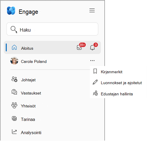 Ponnahdusvalikko Viva Engage -käyttäjille