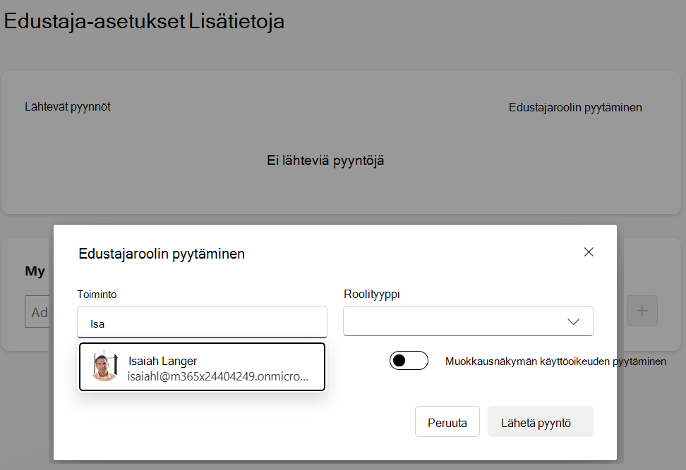 ponnahdusikkuna, joka sisältää asiaankuuluvat tiedot edustajapyynnön lähettämistä varten