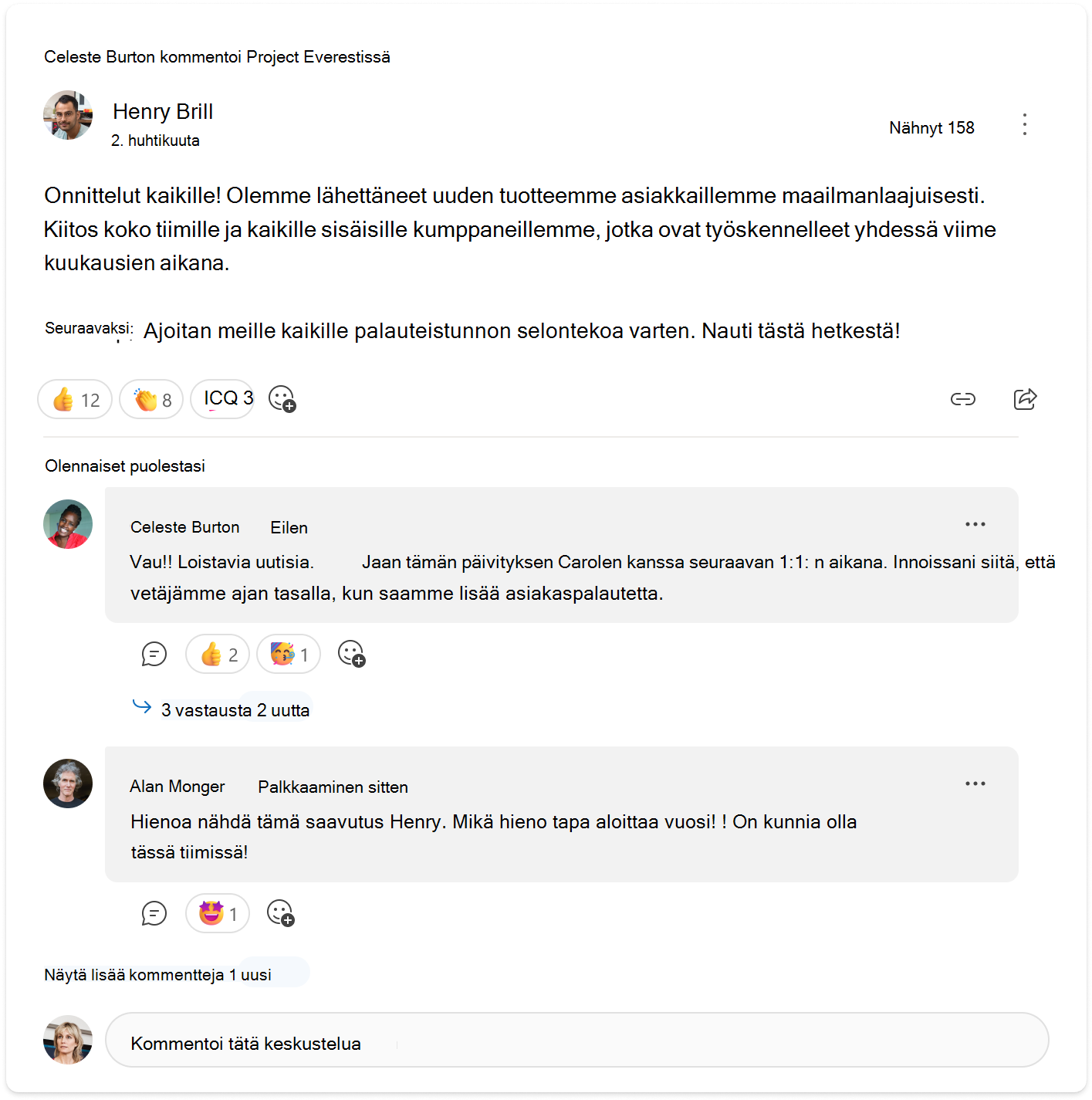 Keskustelu, jossa näkyy sinulle merkityksellinen näkymä kahdesta Engage-keskustelukortin kommentista.