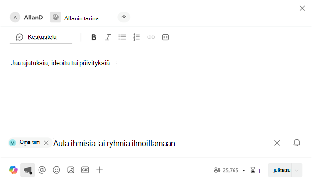 Näyttökuva, jossa näkyy Oma tiimi -näkymä uuden muokkausnäkymän ilmoituksessa