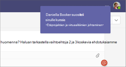 Käyttäjät saavat Teams-ilmoituksen, kun heille suositellaan oppimista