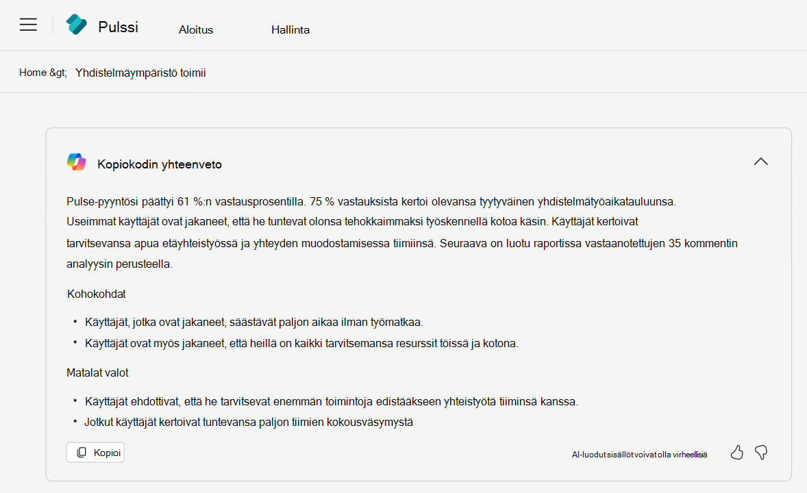 Viva Pulse -raportin kopiointitoiminnon luoma yhteenveto