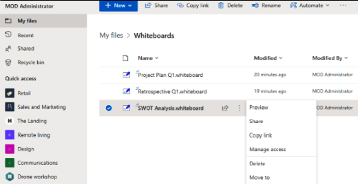Luonnoslehtiötiedostot tallennetaan OneDrive for Business -sovelluksen Whiteboard-kansioon