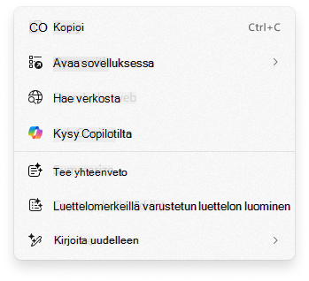Näyttökuva Tee napsauttamalla -pikavalikosta, jossa on Kysy Copilotilta