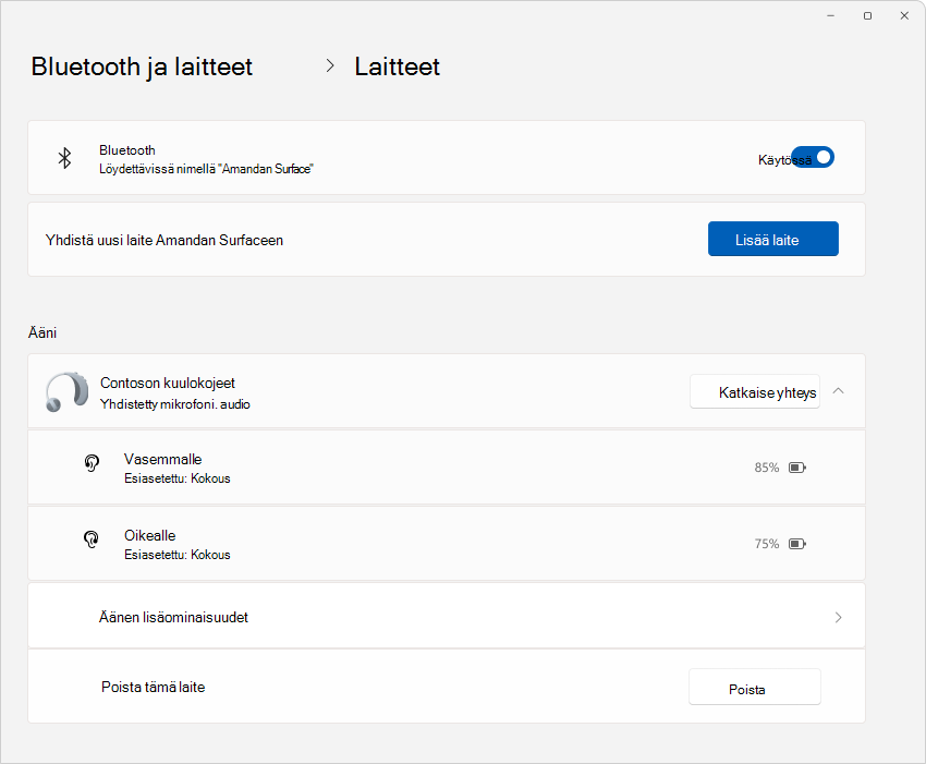 Näyttökuva Bluetooth-& laitteiden asetuksista > , joissa näkyy kuulokojeiden tiedot.