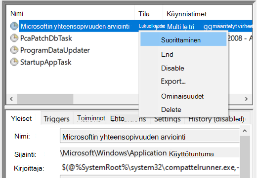 Suoritetaan Microsoftin yhteensopivuuden arviointia Tehtävien ajoituksessa.