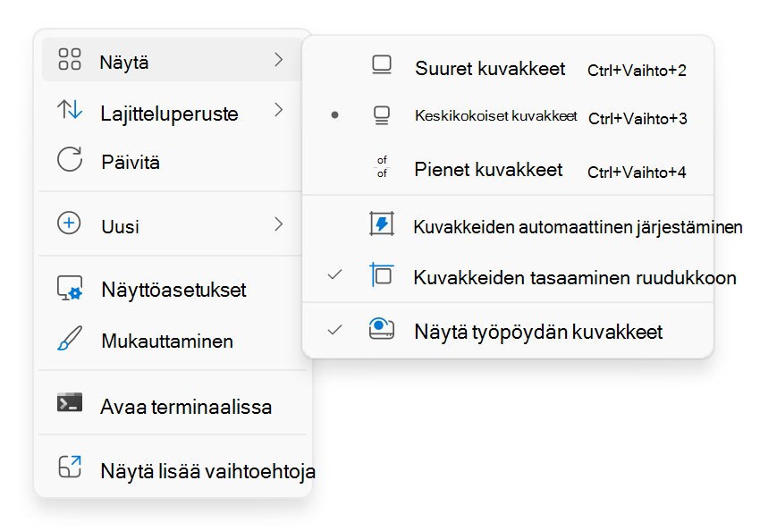 Näyttökuva työpöydän pikavalikosta, joka tulee näkyviin, kun napsautat hiiren kakkospainikkeella.