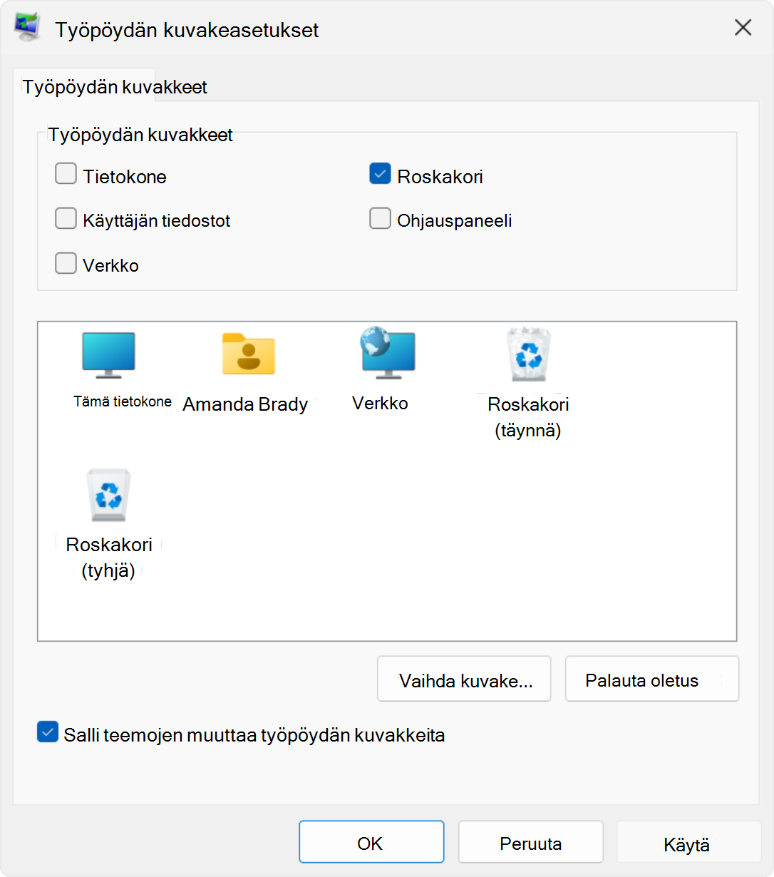 Näyttökuva Windowsin työpöytäkuvakeasetuksista.