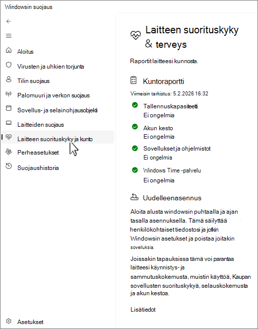 Näyttökuva Windowsin suojaus-sovelluksen laite- ja suorituskykysivusta.