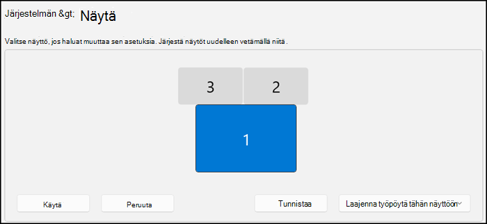 Näyttää näyttönäytön osan, joka osoittaa, miten näyttösi on järjestetty. Tekstissä sanotaan, että voit muuttaa sen asetuksia valitsemalla näytön tai järjestää ne vetämällä näyttöä.