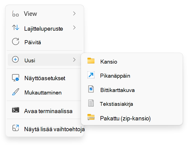 Näyttökuva hiiren kakkospainikkeella napsautettavasta Uusi-valikosta > .
