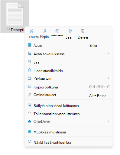 Näyttökuva tiedoston pikavalikosta, jossa näkyvät uudet leikkaamis-, kopiointi-, uudelleennimeämis-, jakamis- ja poistamisasetukset.