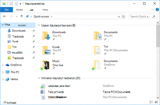 Pikakäyttönäkymä Resurssienhallinnassa