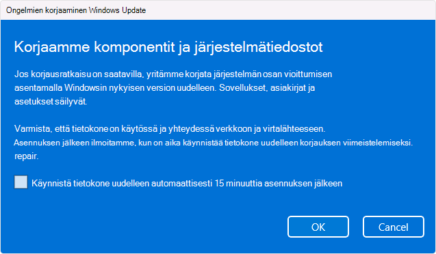 Näyttökuva Windows Update uudelleenasennusvaihtoehdosta.