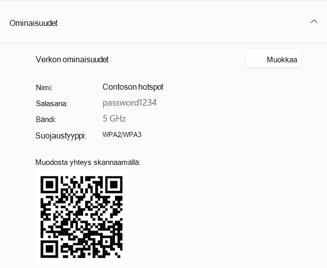 Näyttökuva QR-koodista, jota käytetään yhteyden muodostamiseen tukiasemana toimivaan Windows-laitteeseen.