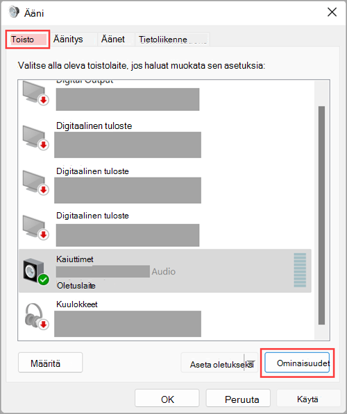 Siirry äänilähdelaitteen ominaisuuksiin Windows 11:n ääniasetuksissa.
