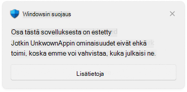 Näyttökuva Smart App Control -ponnahdusikkunasta, jossa näkyy, että sovelluksen osa on estetty.
