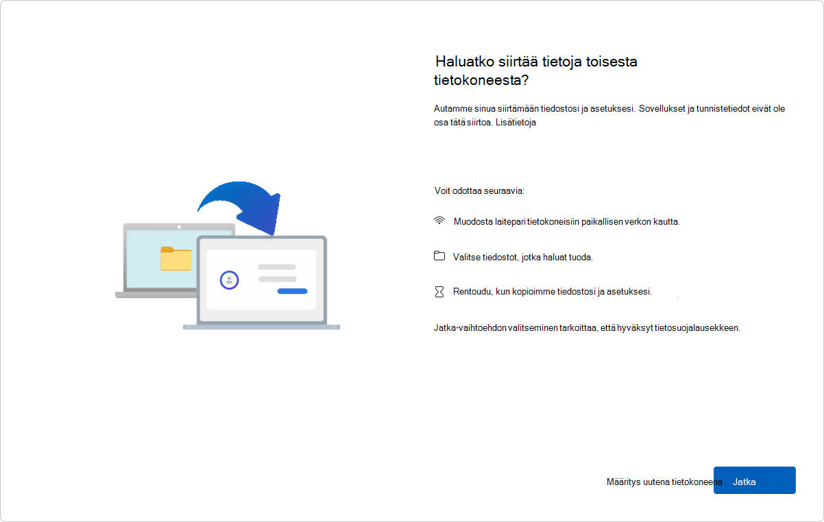 Näyttökuva Tervetuloa-ohjelman sivusta, jossa näkyy tietokoneen ja tietokoneen välinen siirtovaihtoehto.