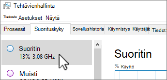 Suorituskyky-välilehti ja suoritintiedot.