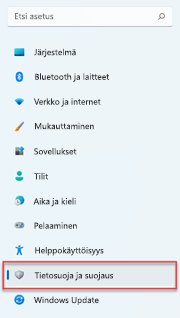 Windows 11:n tietosuoja-asetusten etsiminen.