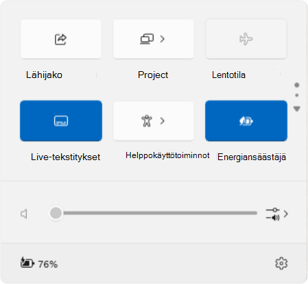 Näyttökuva Windowsin pika-asetuksista.