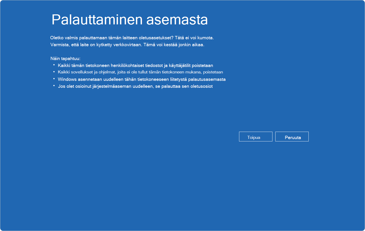 Näyttökuva Windowsin palautusympäristöstä, jossa näkyy asemasta palauttamisen vahvistus