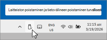 Näyttökuva Poista USB-laite turvallisesti -kuvakkeesta ilmaisinalueella.