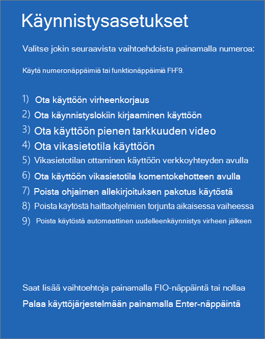 Näyttökuva käynnistysasetusten luettelosta.