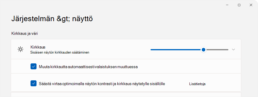 Näyttökuva asetuksista, joissa näkyy kirkkauden hallinta.