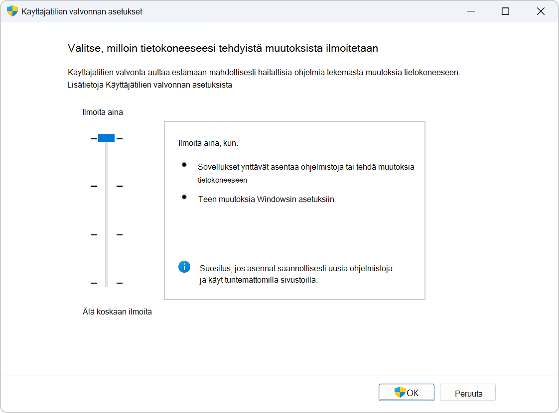 Screenshot of the settings to configure UAC.