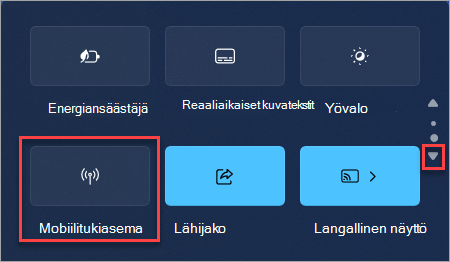 Mobiilitukiaseman löytäminen -pikatoiminto Windows 11:n pika-asetuksissa.