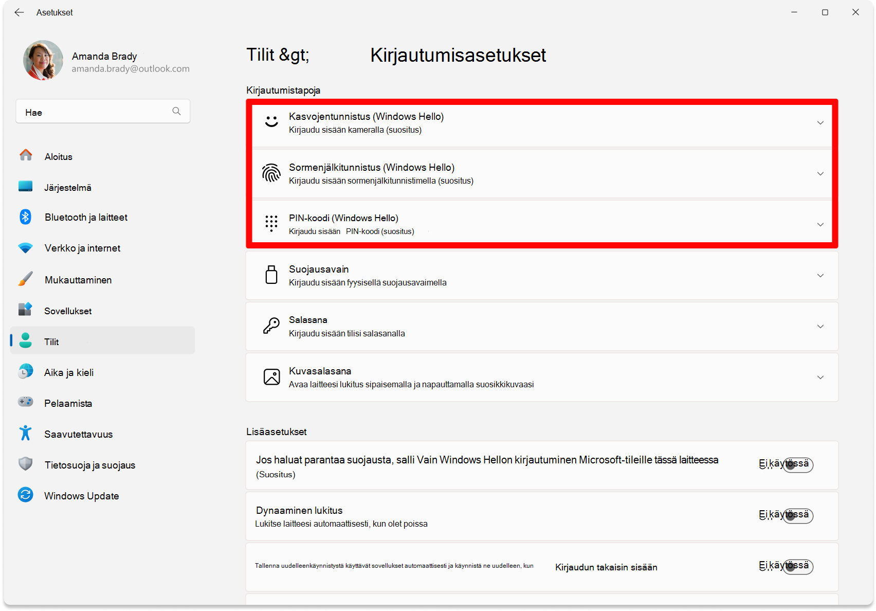 Screenshot of Settings - Options to configure Windows Hello.