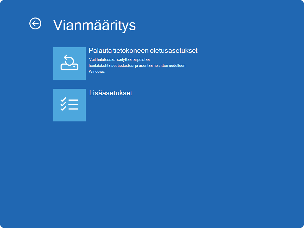 Näyttökuva Windows RE – Vianmääritys -näytöstä.