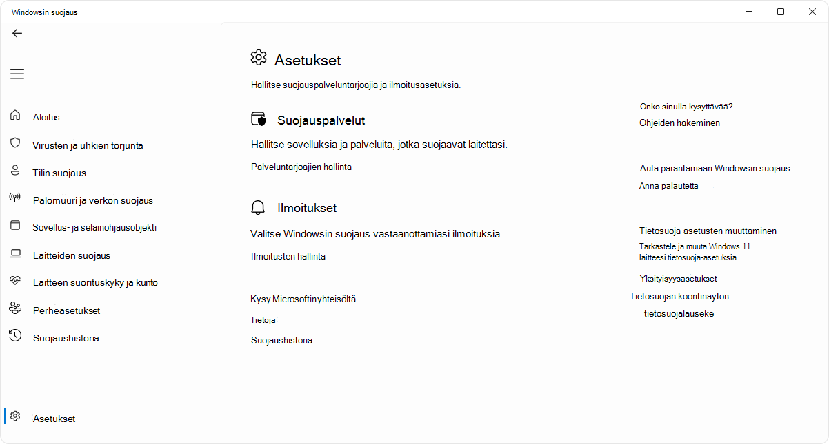 Näyttökuva Windowsin suojaus-sovelluksen asetussivusta.