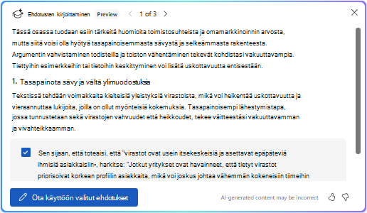 Ota käyttöön valitut ehdotukset -vaihtoehto Copilotissa Word